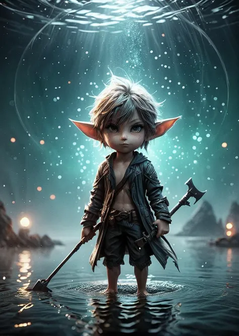 a boy with an ax standing in the water with a light shining above him