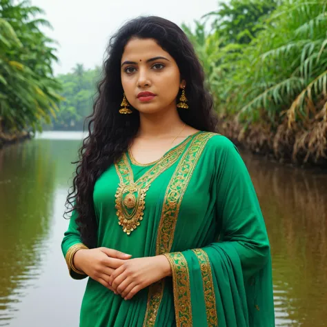 a woman in a green sari standing in front of a river