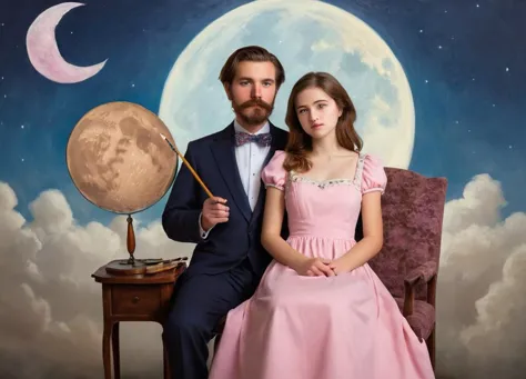 there is a man and woman sitting on a chair in front of a full moon