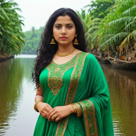 a woman in a green sari standing in front of a body of water