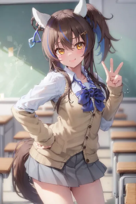 anime girl with horns and a skirt posing in front of a classroom