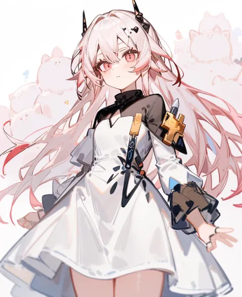 anime girl with long pink hair and a white dress holding a gun