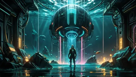 Dystopian style (((Ultra-detailed, Hyper-realistic, 8k, highres, masterpiece))),hydr04rmor,hydropunk,glowing,tube,cable,underwater,futuristic helmet,air bubble,painted world,colorful splashes,cyberbody,neonbody,lightstreak,holodrift,cablelink,underwater,submerged,neonlight\(ttp\), . Bleak, post-apocalyptic, somber, dramatic, highly detailed