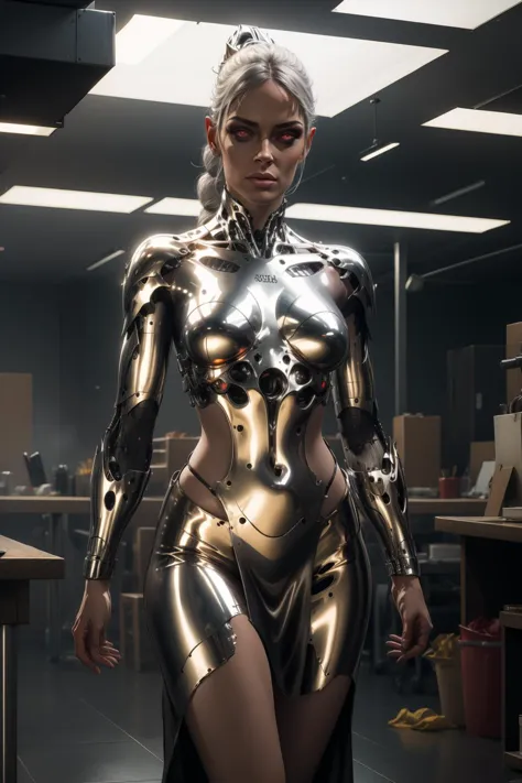 a woman in a shiny suit standing in a room