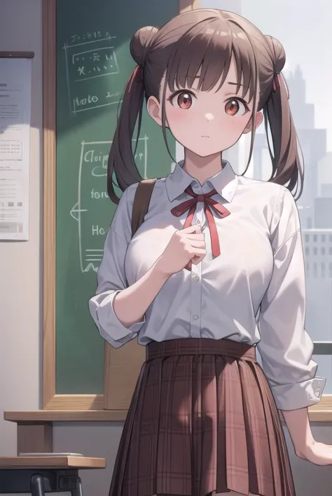 anime girl in school uniform standing in front of a blackboard