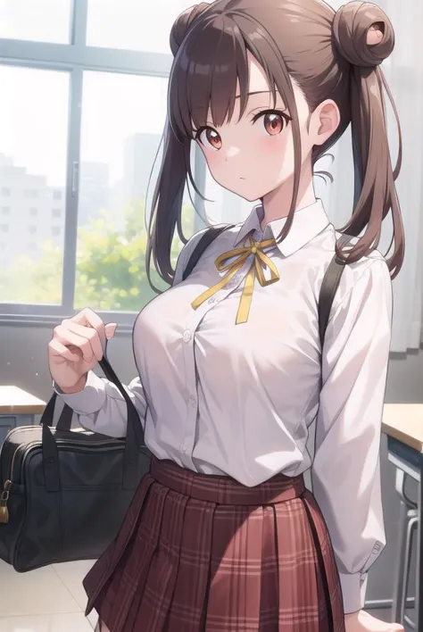 anime girl in a school uniform holding a purse and looking at the camera