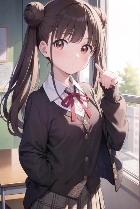 chiyokosonoda, <lora:chiyokosonoda-lora-nochekaiser:1>,
chiyoko sonoda, brown hair, (red eyes:1.5), hair bun, long hair, double bun, sidelocks,
BREAK brown skirt, buttons, collared shirt, dress shirt, miniskirt, neck ribbon, plaid, plaid skirt, pleated skirt, ribbon, school uniform, shirt, skirt, white shirt, yellow ribbon,
BREAK indoors, classroom,
BREAK looking at viewer, cowboy shot,
BREAK <lyco:GoodHands-beta2:1>, (masterpiece:1.2), best quality, high resolution, unity 8k wallpaper, (illustration:0.8), (beautiful detailed eyes:1.6), extremely detailed face, perfect lighting, extremely detailed CG, (perfect hands, perfect anatomy),