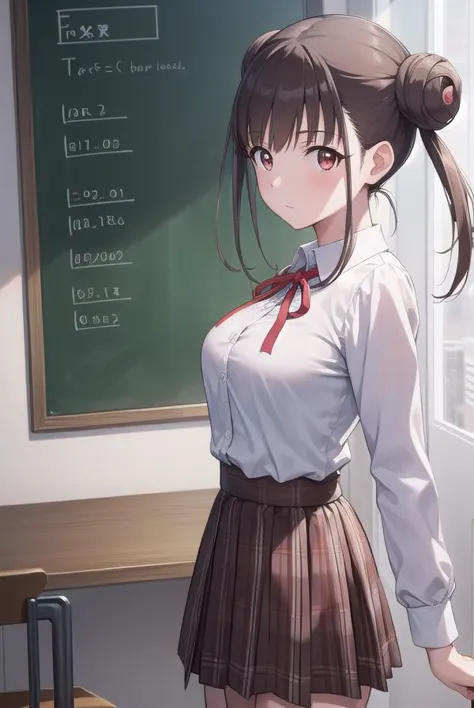 anime girl in school uniform standing in front of a blackboard