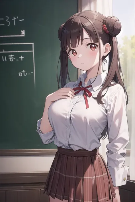 anime girl in school uniform standing in front of a blackboard