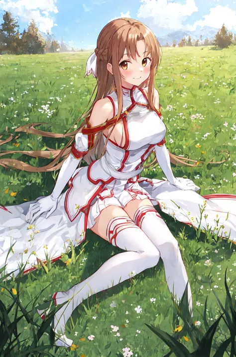 1girl, asuna (sao), long hair, gloves, white gloves, looking at viewer,happy,smile, brown hair, brown eyes, blush, grass, thighhighs, bare shoulders, outdoors, braid, detached sleeves, bangs, breasts, white thighhighs, very long hair, thighs, long sleeves,...