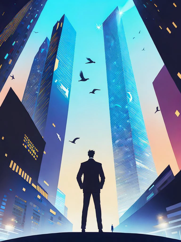 uma pintura de um homem parado em frente a um prédio alto com pássaros voando por Kilian Eng