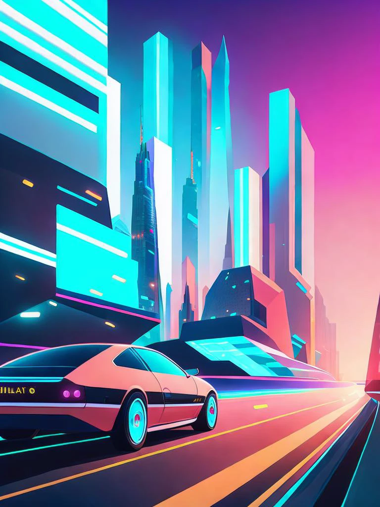 Картина Килиана Энга, изображающая футуристический город с автомобилем, едущим по дороге перед ним.