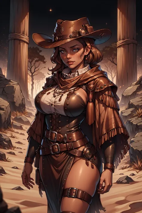 a woman in a cowboy hat and leather outfit standing in a desert