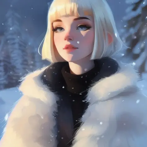 portrait of auraqw wearing a fur coat, winter scene, samdoesarts