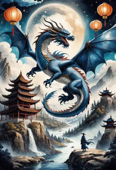 a painting of a dragon flying over a mountain with lanterns