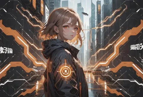 a woman in a black jacket standing in front of a futuristic city