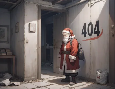 there is a santa claus standing in a room with a backpack