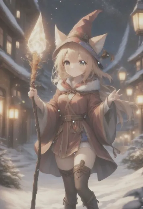 a woman in a hat and cape holding a wand in the snow