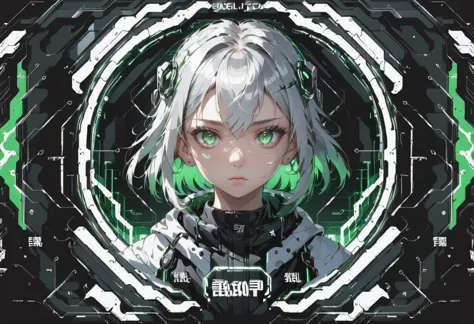 a woman with green eyes and white hair in a futuristic frame