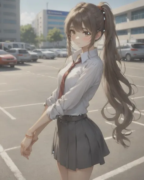 anime girl with long hair in a skirt and tie in a parking lot