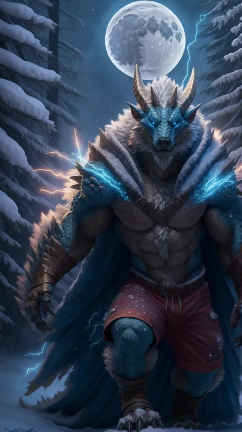 Role-playing game (RPG) style fantasy by_taran_fiddler, anthro zinogre walking in snow, fanged wyvern, (blue glowing sparks), red shorts, white fluffy cloak, blue body, horn, blue eyes, HDR, (dynamic pose), (dark winter forest:1.3) with moon light, fog, forest in the background, portrait <lora:ZinogreFRL22nO2:0.6>  . Detailed, vibrant, immersive, reminiscent of high fantasy RPG games