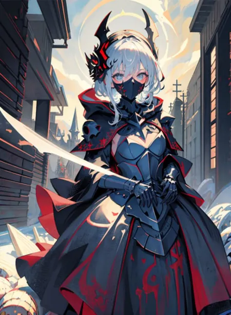 ((masterpiece, best quality, illustration)), chaos theme, horror theme, a girl, covered eyes, mask, skull, head gear, skeletal armor, skeleton print, armored dress, floating cloak, jacket removed, solo, many planted_sword, ruins, cloudy sky, snowing, dark lighting