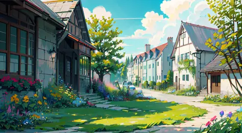 masterpiece,best quality,official art,extremely detailed CG unity 8k wallpaper,outdoors, animal, spring \(season\), cloudy sky,studio ghibli, garden,village,