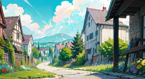 masterpiece,best quality,official art,extremely detailed CG unity 8k wallpaper,outdoors, animal, spring \(season\), cloudy sky,studio ghibli, garden,village,