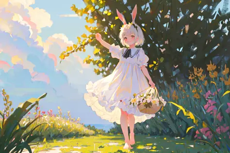 ((masterpiece,best quality)),1girl, solo, arm_at_side, arm_up,animal ears, rabbits, barefoot, dress, rabbit ears, short sleeves,...