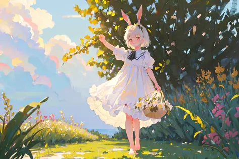 ((masterpiece,best quality)),1girl, solo, arm_at_side, arm_up,animal ears, rabbits, barefoot, dress, rabbit ears, short sleeves, looking at viewer, grass, short hair, smile, white hair, puffy sleeves, outdoors, puffy short sleeves, bangs, on ground, full body, animal, white dress, sunlight, brown eyes, dappled sunlight, day, depth of field