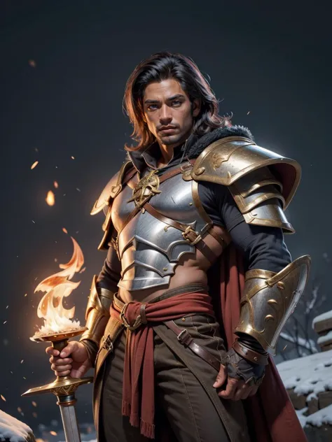 masterpiece, best quality, realistic, 1boy, male, muscular dark skin man, frost armor, fire sword, elemental warrior, mage slaye...
