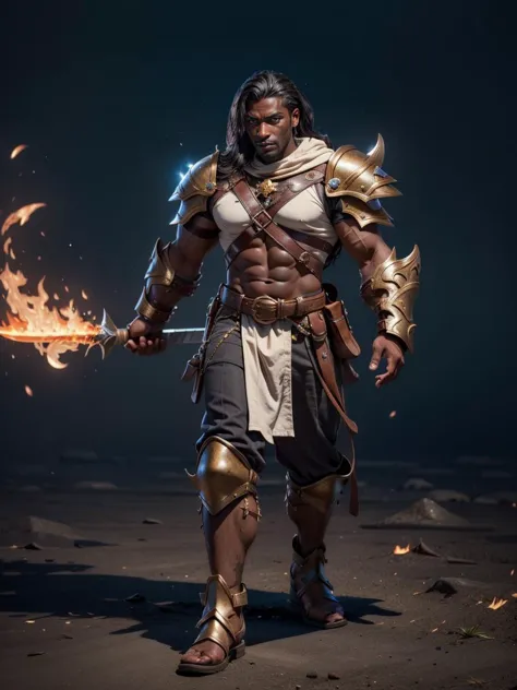 masterpiece, best quality, realistic, 1boy, male, muscular (dark skin:1.4) man, frost armor, fire sword, elemental warrior, mage...