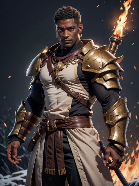 masterpiece, best quality, realistic, 1boy, male, muscular (dark skin:1.4) man, frost armor, fire sword, elemental warrior, mage...
