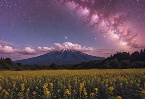 a field of flowers with a mountain in the background