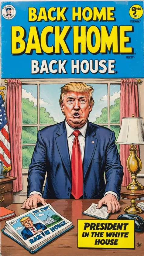 a vintage comic book with the title text: "Back Home!" featuring president Donald Trump back in the white house,  <lora:wizards_...