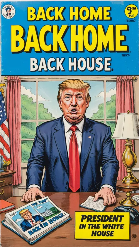 a vintage comic book with the title text: "Back Home!" featuring president Donald Trump back in the white house,  <lora:wizards_vintage_comics-Undergroundf16:0.6>