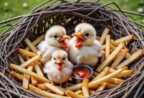 three little chicks are sitting in a nest with french fries