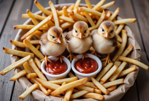 a close up of a basket of french fries with small chicks