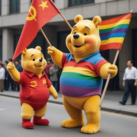 winnie and pooh bear holding a rainbow flag in a parade