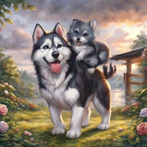 painting of two cats and a dog standing in a garden