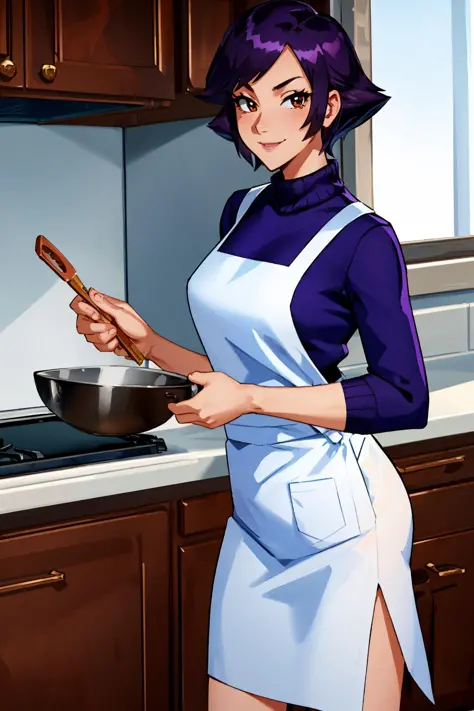 masterpiece, best quality, mmmom, purple hair, red sweater, apron, pencil skirt, kitchen, looking at viewer, smile, stove, fryin...
