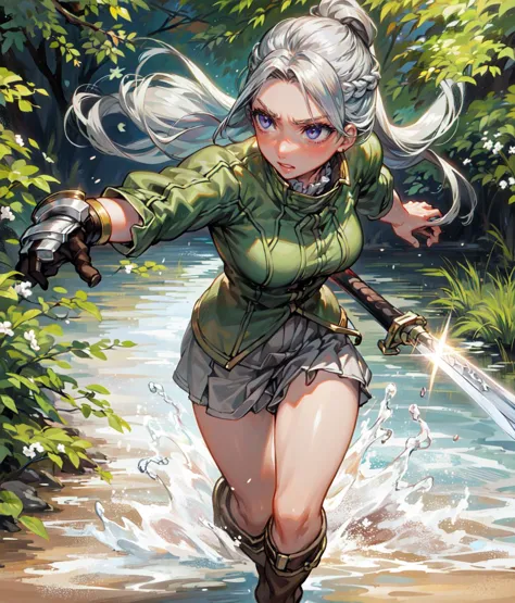 masterpiece, high res, detailed face, detailed eyes, anime screencap, 1 girl, solo,  angry, fighting, sword, water energy, grey hair, grey eyes, long hair, green shirt, brown shorts, high boots, standing, full body, outdoors, hill <lora:Chris lightfellow:1>