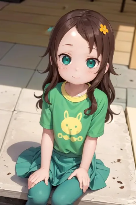 1 girl,cute,(looking at viewer:1.0), details sky,handsome,((masterpiece:1.4,best quality)),multiple details,eyeshadow,sfw, (medium shot:1.5), gradiant eyes, hazel eyes, (long pantspantyhose:1), sitting
 riko, long hair, brown hair, green shirt, hair flower, green eyes, skirt,