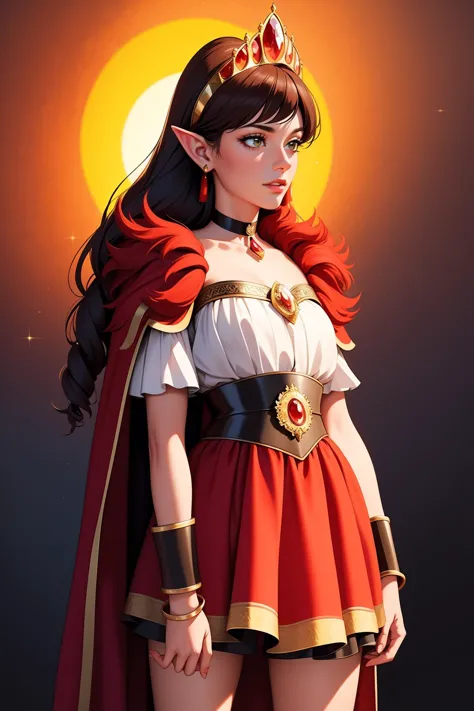 a woman in a red cape and a crown standing in front of a sun