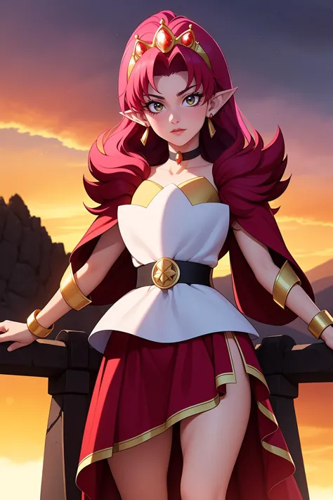 1girl, solo, beautiful adult mature woman age 30, standing, high quality, best quality, high detail, highres, 4k  <lora:Char_precure-CureScarlet:0.85> cure scarlet, tiara, black choker, earrings, bracelet, gem, legwear, pointy ears, drill hair Joan of Arc, armored, standing on a medieval rampart, sunset sky, dramatic lighting,