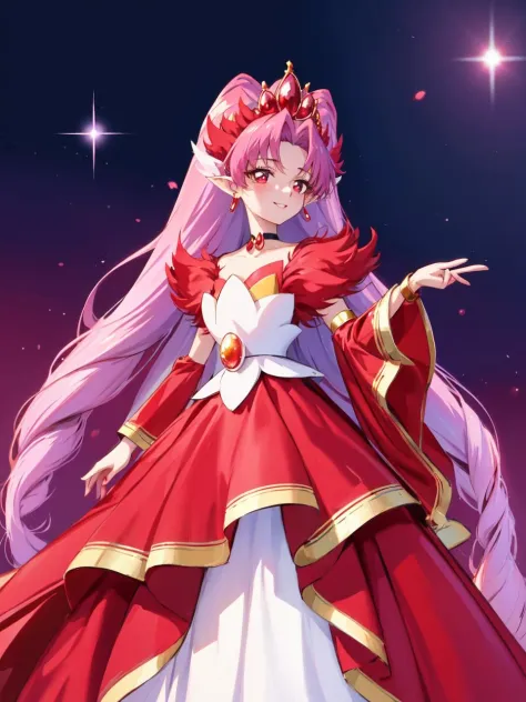 masterpiece, best quality, looking at viewer, depth of field, standing, full body,
1girl, <lora:locon_cure_scarlet_01:0.85>, cure scarlet, tiara, wide sleeves, black choker, earrings, bracelet, gem, red legwear, pointy ears, long dress, wedding dress, drill hair, 
smile, ((gradient background)), lens flare,