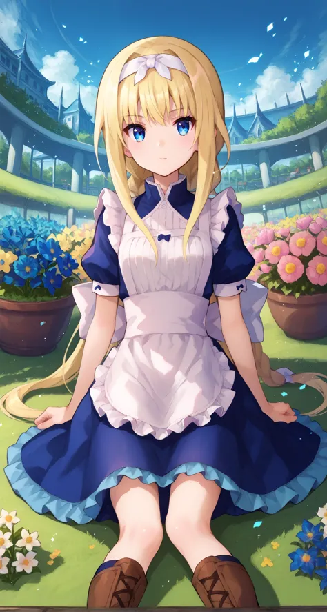 score_9,score_8_up,score_7_up,source_anime BREAK 1girl,alice zuberg,bangs,blue eyes,blonde hair,hair between eyes,very long hair,braid,hairband,white hairband,dress,bow,ribbon,short sleeves,frills,apron,puffy short sleeves,blue dress,brown footwear,knee boots,white bow,white apron,frilled apron,grass,flowers,holding flowers,garden,sitting,looking at viewer,dutch angle,cowboy shot,<lora:fuzichoco_style_pony:1>,fuzichoco_style,colorful,light particles,