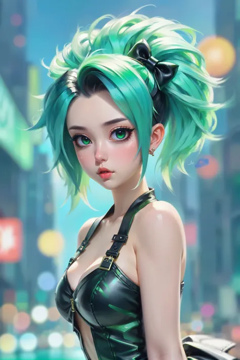 a woman with green hair and a black top in a city