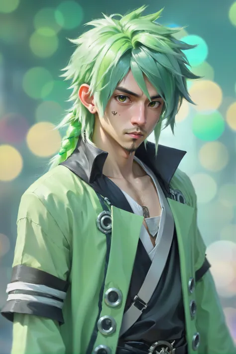 a close up of a person with green hair and a green jacket