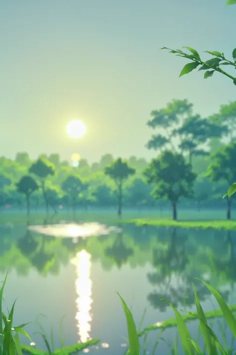 a close up of a lake with a tree and grass in the foreground